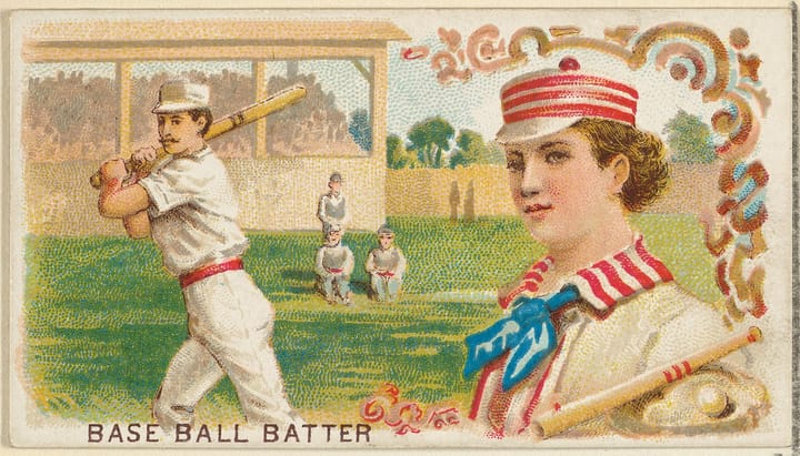 An early american baseball card featuring a male batter and a female baseball player on the left. There is a grandstand and several players in the background. Text reads "base ball batter."