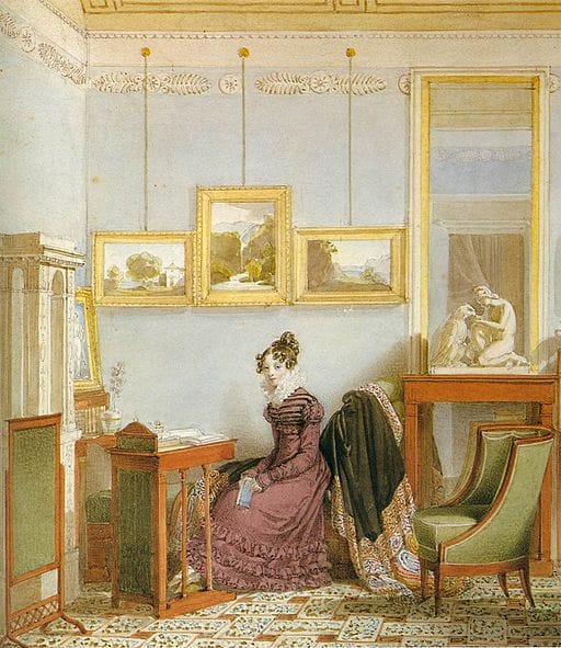 A Victorian painting of a woman in a ruffled maroon dress sitting at a writing desk in a fancy parlor.