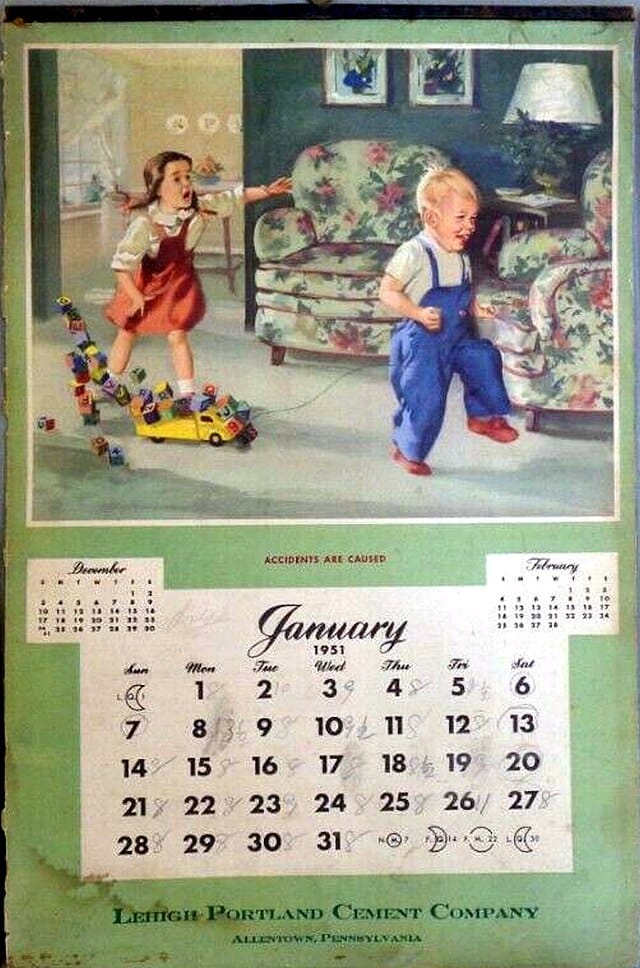 calendar page from Jan. 1951 with a white girl with brown hair and a red dress stepping on a toy school bus filled with blocks being pulled by a blond haired white boy in blue overalls,
