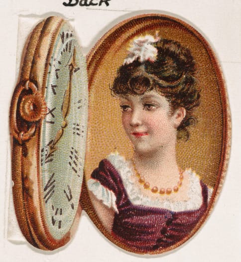 An old illustration of a pocketwatch with a woman's portrait on one side and the watchface on the other.
