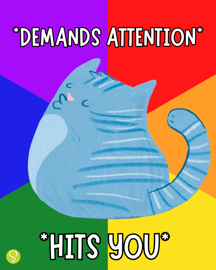 Illustration of a cartoon cat against a blue, orange, green, and yellow background. Text says *demands attention* and *hits you*