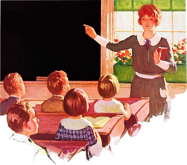 A 1924 color advertisement of a white female teacher at a blackboard in front of white children.